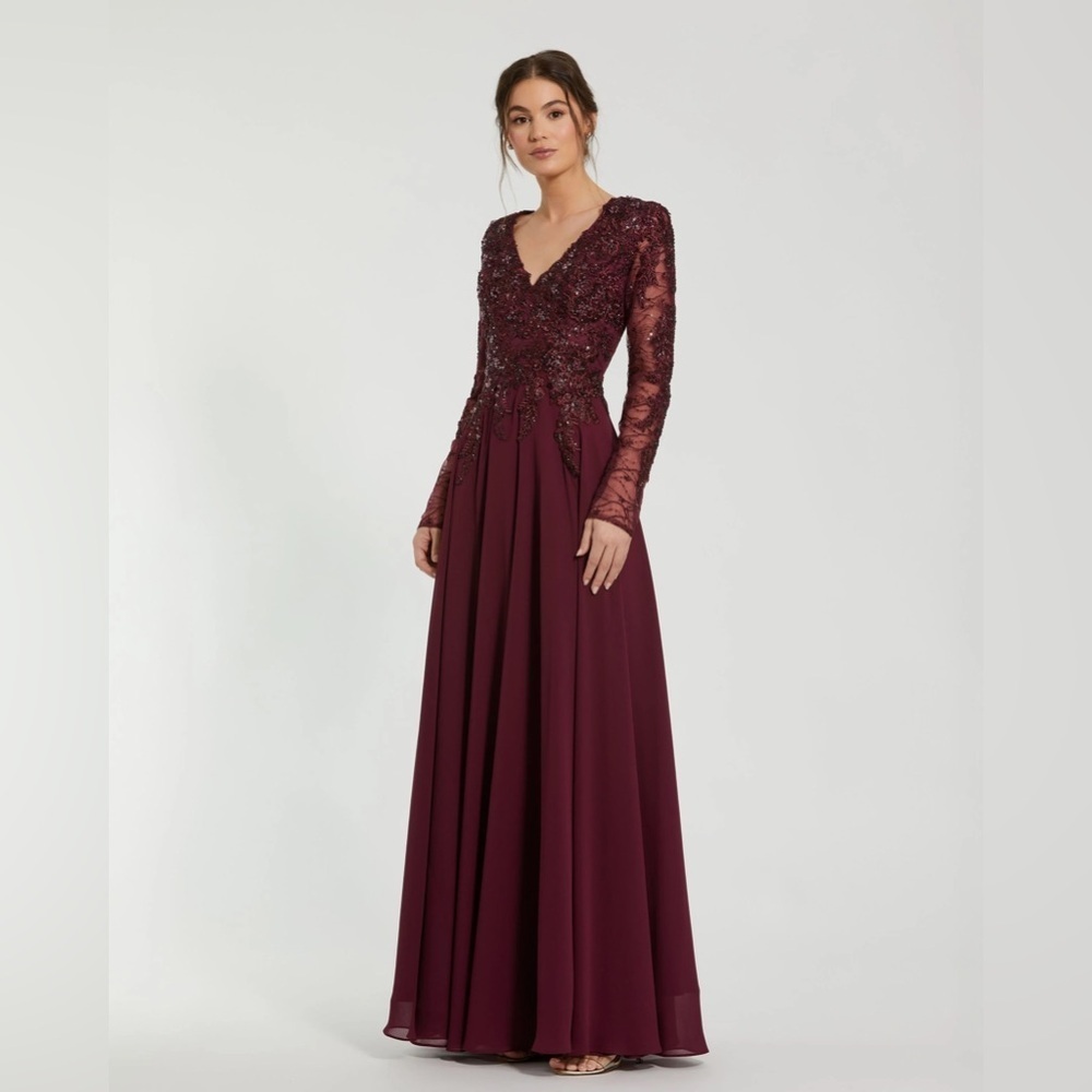 MAC DUGGAL 20388 NWT Red Embellished Illusion V Neck Long Sleeve Gown